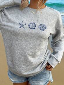 Veykashi 大码运动衫，海洋元素印花，海星，芙蓉，贝壳，休闲简约图案，圆领，长袖，适合大码，秋冬