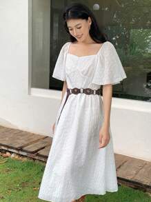 SHEIN LUNE 浪漫蕾丝拼布荷叶边袖女式休闲连衣裙，适合居家室内外穿着 - 白色 - 查看 5