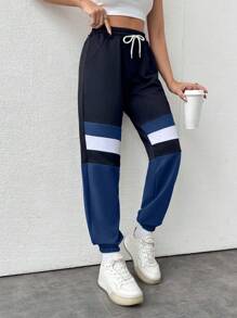 EURMUSE Damskie spodnie dresowe w jednolitym kolorze z kieszenią z przodu i zamkiem błyskawicznym - Granatowy - Zobacz 3