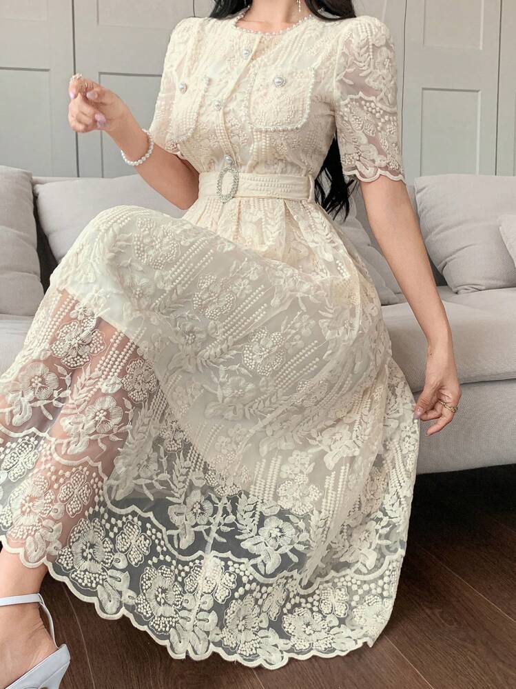 DAZY Delicate High-End Lace Tie-Cinched Waist Embroidered Dress, Gentle Korean Style Elegant Dress - Apricot - View 1