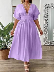 SHEIN Holidaya Plus Size Women Shirred Short Sleeve Embroidered Frill Trimmed Waisted A-Line Maxi Vacation Dress