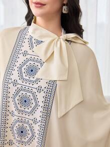 SHEIN Najma Vestido suelto y elegante de mujer con decoración de patrón de patchwork y lazo en el cuello - Albaricoque - Ver 5