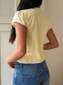 SHEIN EZwear Casual Women's Cotton Blouse With Contrasting Lace Trim, Butter Yellow,Summer Cute Top - Yellow - View 2