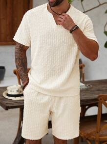 Manfinity Homme Plus Size Men Summer Casual Solid Textured Knit Notched Neck Short Sleeve T-Shirt And Shorts Set - Apricot - View 5