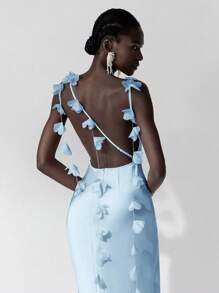 SHEIN Belle 优雅浪漫奢华缎面手工3D花朵露背伴娘礼服 - 淺藍色 - 查看 2