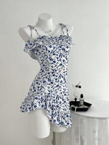 SHEIN Unity 女士花卉印花荷叶边下摆细肩带前系带连衣裙 - 藍色 - 查看 1