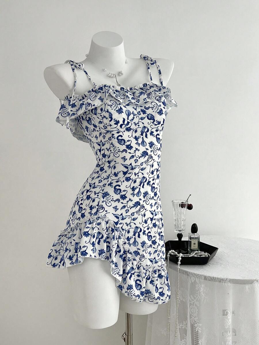 SHEIN Unity 女士花卉印花荷叶边下摆细肩带前系带连衣裙 - 藍色 - 查看 1