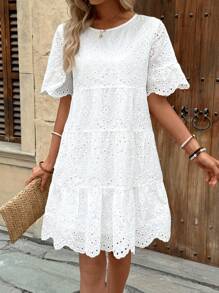 Breezaya Women's Vacation Casual Solid Color Hollow Out Embroidery Dress