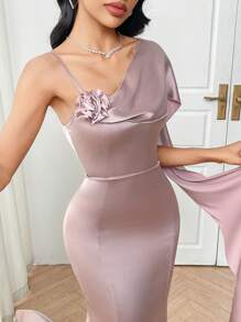 Modelyn 女式纯色 3D 花卉装饰不对称领口优雅连衣裙 - 粉色 - 查看 3