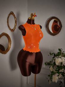 Amplova Women's Rhinestone Floral Frayed Edge Mesh Camisole - Burnt Orange - View 8