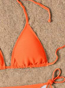 SHEIN Swim Bộ 2 chiếc/Bộ đồ bơi bikini thắt nút hở lưng trơn, thích hợp đi biển vào mùa hè - trái cam - Xem 3