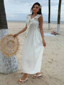 DAZY Vestido midi de verano para mujer con cuello en V, sin mangas, dobladillo con volantes, cintura ceñida y decoración floral - Blanco - Ver 7