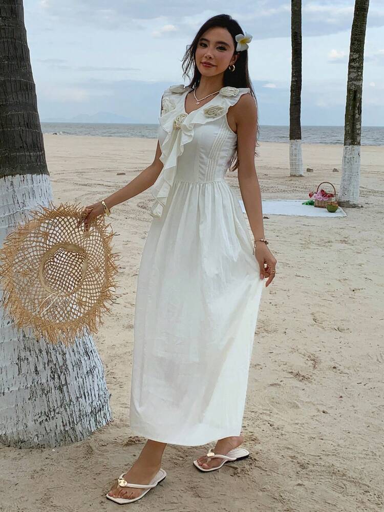 Women's V-Neck Sleeveless Ruffle Hem Cinched Waist Midi Dress With Floral Decor, Summer