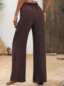 SHEIN PETITE 女式波西米亚风格弹性腰直筒沙滩/度假裤，带口袋，异国风情提花面料，夏季 - 咖啡棕 - 查看 2