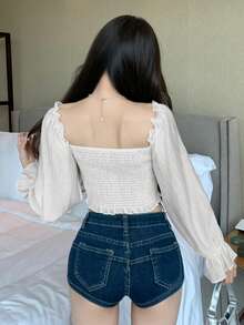 DAZY 春夏优雅蕾丝拼接修身衬衫，配有抽绳，适合情人节、婚礼、派对、正式场合，长袖女式衬衫 - 白色 - 查看 3