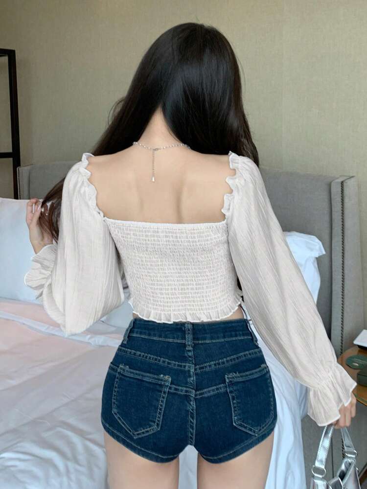 Spring/Summer Elegant Lace Patchwork Slim Fit Blouse With Drawstring Tie, Suitable For Valentine's Day, Wedding, Party, Formal Occasions, Long Sleeve Women's Shirt