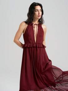 Ontre 2025 Summer Women's Sleeveless Solid Color Ruffled Tie Neck Sheer Mesh Hem Dress, Elegant Party Dress Suitable For Independence Day, Vacation, Beach, Casual, Graduation, Wedding Guest, Memorial Day, Prom, Versatile Daily Commute - Burgundy - View 5