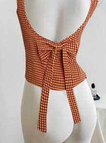 Elamini French Sexy Open Back Bowknot Plaid Camisole Top For Women, Figure-Flattering, Sleeveless, Suitable For Spring & Summer Wear - Multicolor - View 4