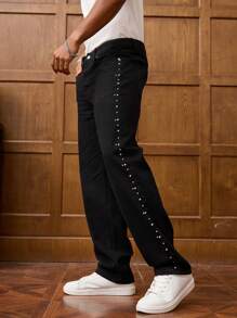 RivetRise Men's Pocket Rivet Design Straight Leg Western Cowboy Style Denim Jeans Men Rhinestone Jean - Black - View 6