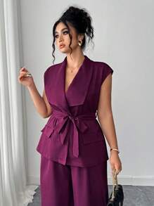 Elenzga 大码女式优雅别致不对称领、喇叭袖西装外套（配腰带）和阔腿裤套装，春夏 - 紫色 - 查看 4