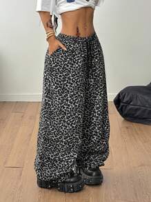 Coolane Pantalon ample vintage Y2K en velours côtelé gris léopard, pour femmes, pour concert d'été, tenue de sortie - Tabac - Voir 4