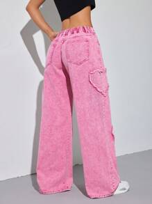 SHEIN PETITE Women's Pink Jeans Heart Pattern Y2K Summer Wide Leg Pants Comfortable Elastic Waistband - Pink - View 2