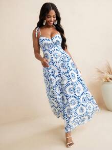 Kiitan Luxe Robe longue femme à ligne évasée avec imprimé floral éclat bleu et bretelles en nœud, idéale pour l'été et les vacances