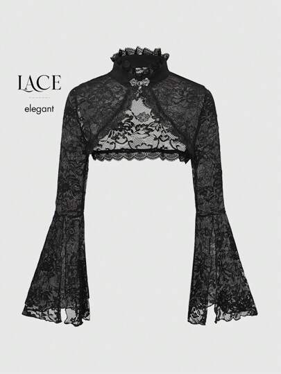 ROMWE Phong Cách Gothic Tay Chuông Phối Ren Hở Mặt Trước Thời Trang