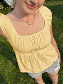 CovetEZ Women's Square Neck Casual Versatile Short Sleeve T-Shirt, Summer Yellow Top - Yellow - View 6