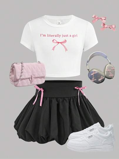 Girlism 少女2件套甜美旅行街拍春夏蝴蝶结印花针织短袖圆领T恤迷你裙套装可爱