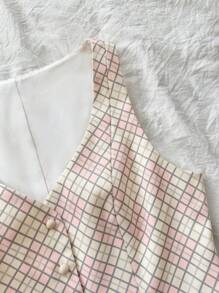 INAWLY Áo nữ mùa hè cổ chữ V kẻ caro hồng không tay - Nhiều màu - Xem 4