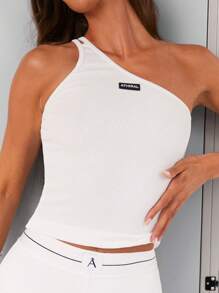 Athîral Blusa de mujer de unicolor, con cuello asimétrico acanalado y ajustada sin mangas - Blanco - Ver 3