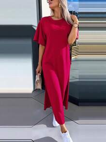 INAWLY Solva Women's Casual Solid Color Side Slit Summer Dress