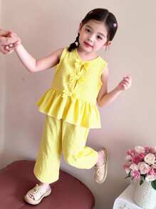 Elladie kids 2件套少女条纹无袖上衣，蝴蝶结装饰，荷叶边下摆，长裤 - 黃色 - 查看 3