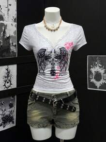 EgrlEra Women's Sheer Printed V-Neck Half-Placket Short Sleeve T-Shirt - Multicolor - View 3