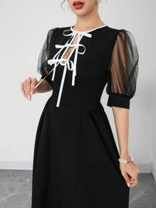 Modelyn Women's Fashion Solid Color Mesh Sleeve Tie Front Split Hem Dress