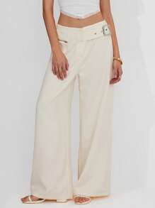 Roylia Women's Summer Low-Waist Cargo Pants With Zipper Detail And Pockets, Straight Leg Design - Apricot - View 1