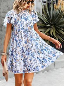 SHEIN Tall Vestido smock con cuello de burlete, mangas de mariposa, volantes en el bajo y estampado floral ditsy - Blanco - Ver 1