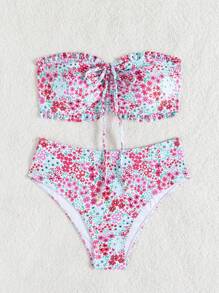 SHEIN Swim Women's Summer Beach Vacation New Cute Strapless Ruffled Ditsy Floral Patterned Bikini Set Set With Delicate Pearl Pendant & Drawstring Tie - Multicolor - View 3