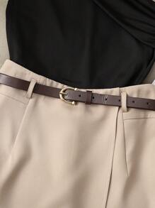 Franclia Casual Fashion All-Match Commuting High Elastic Pure Black One-Shoulder Pleated Top And Khaki Fake Pocket Skirt Pants With Belt Ladies Two Pieces Set - Khaki - View 3