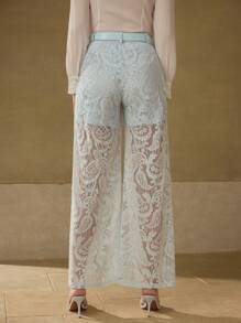 MOTF PREMIUM PANTALONES CON CINTURÓN Y ENCAJE DE CONTRASTE - Azul - Ver 3