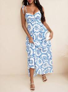 Kiitan Luxe Robe longue femme à ligne évasée avec imprimé floral éclat bleu et bretelles en nœud, idéale pour l'été et les vacances
