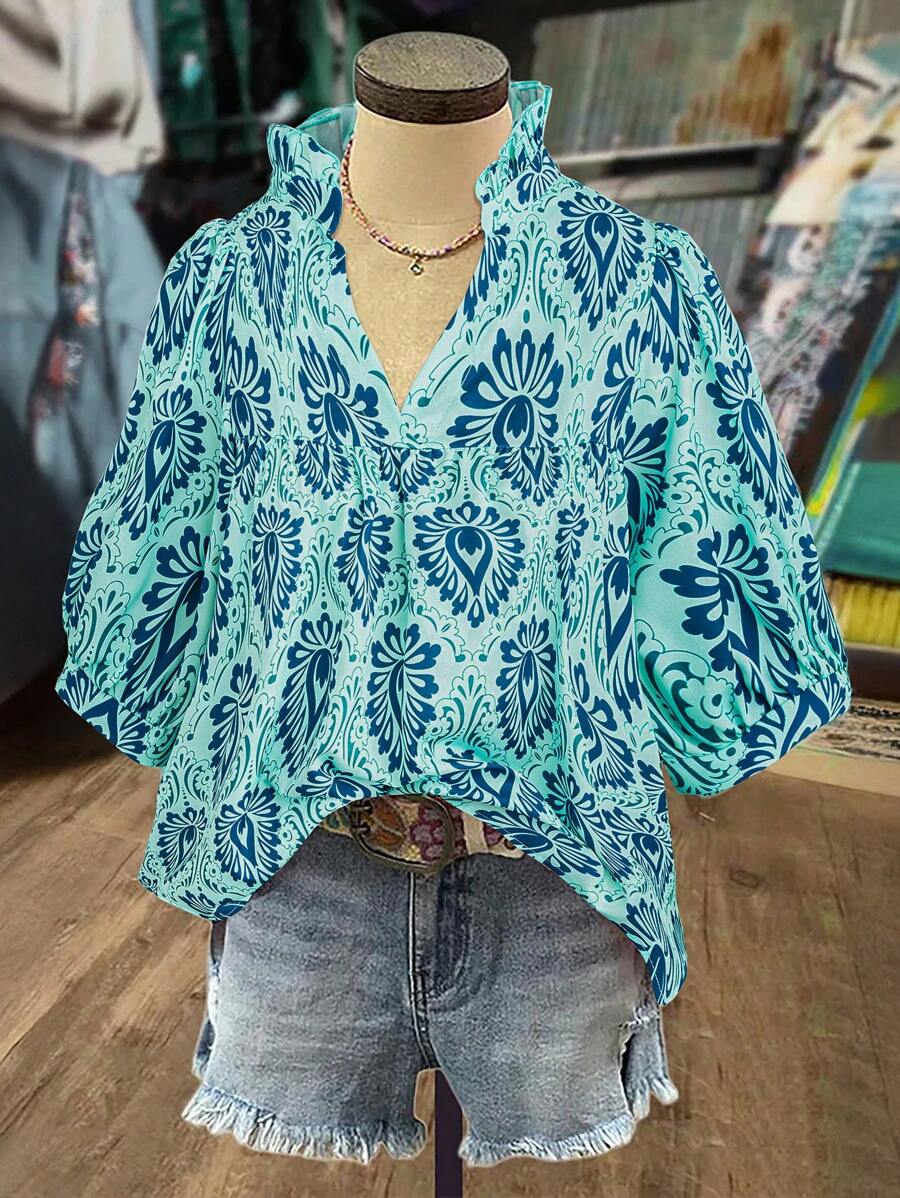 SHEIN LUNE 大码女式度假印花缺口领休闲泡泡袖衬衫波西米亚风上衣 - 彩色 - 查看 1