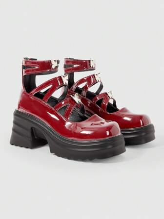 Goth 2025 Spring/Autumn Women Thick Sole Platform Round Toe Shoes, Fashion Cross Strap Butterfly Zip Closure, Wine Red PU Leather, Elevated Simple Design