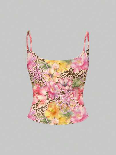 J-Fashion Sexy Women Leopard & Hibiscus Flower Spaghetti Strap Top Suitable For Beach Vacation