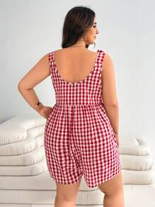 SHEIN EZwear 大码女式夏季格子宽松连体裤 - 紅色 - 查看 5