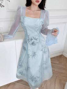 Modelyn 女士优雅竹子印花长款喇叭袖连衣裙 - 藍色 - 查看 6