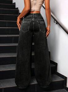 SHEIN ICON 女式简约时尚休闲日常牛仔裤 - 黑色 - 查看 2