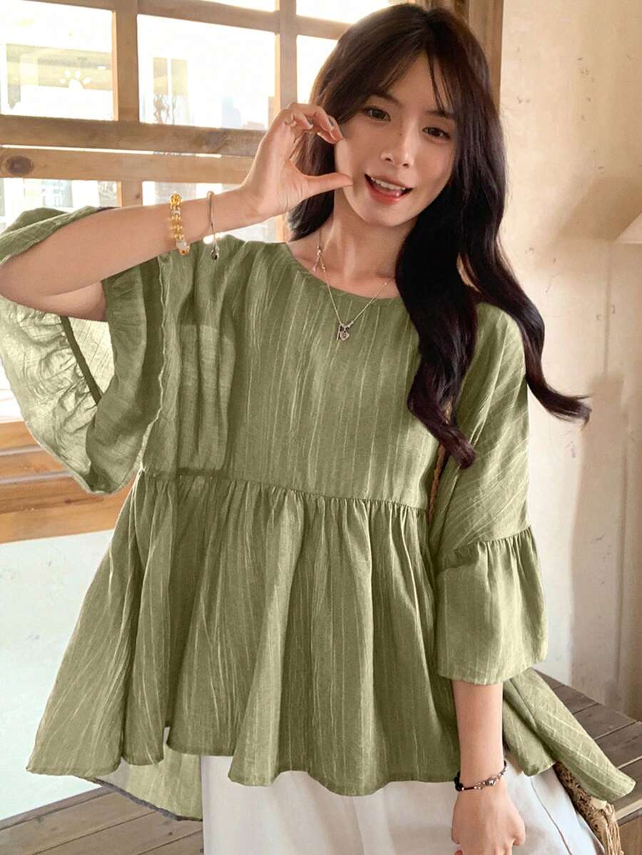 FRIFUL 1 件女式灰色荷叶边领休闲衬衫，夏季，娃娃装上衣 - 綠色 - 查看 1