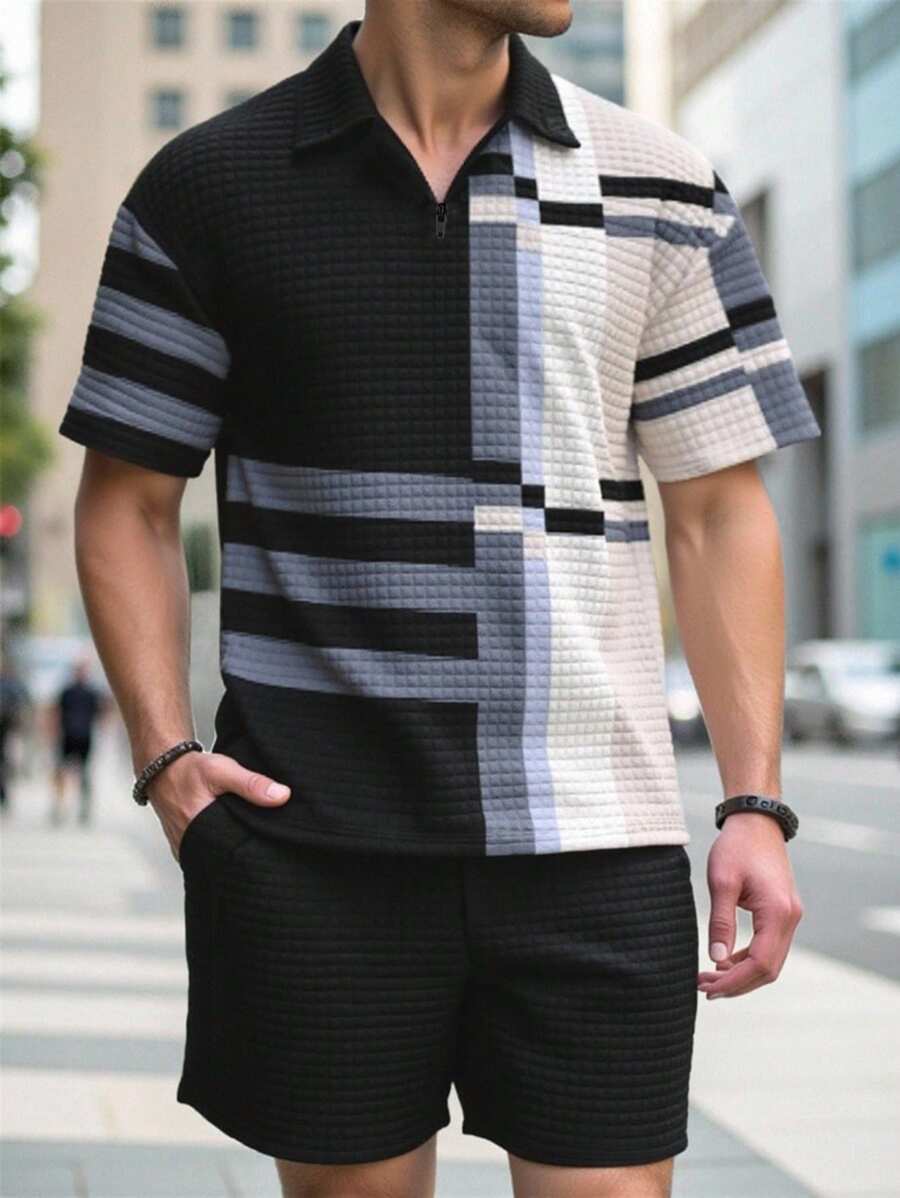 1set Men's Black & White Polo Shirt Short Sleeve Top And Shorts, Sport Casual Outdoor - Black - View 1